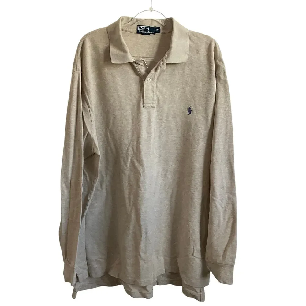 Polo Ralph Lauren Men’s 90s/Y2K Vintage Long Sleeve Cream Polo - Size 2XT